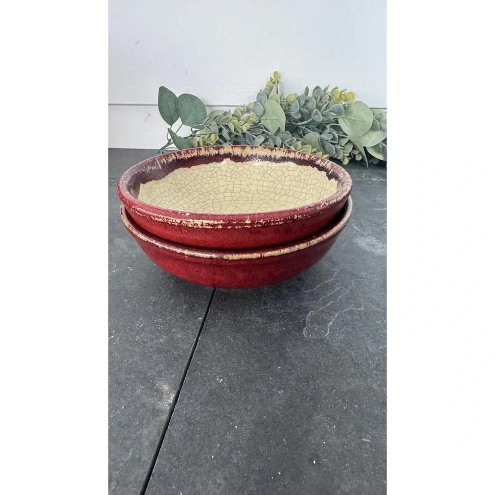Two Pier‎ 1 Crackle Collection cereal bowl red discontinued vintage pottery